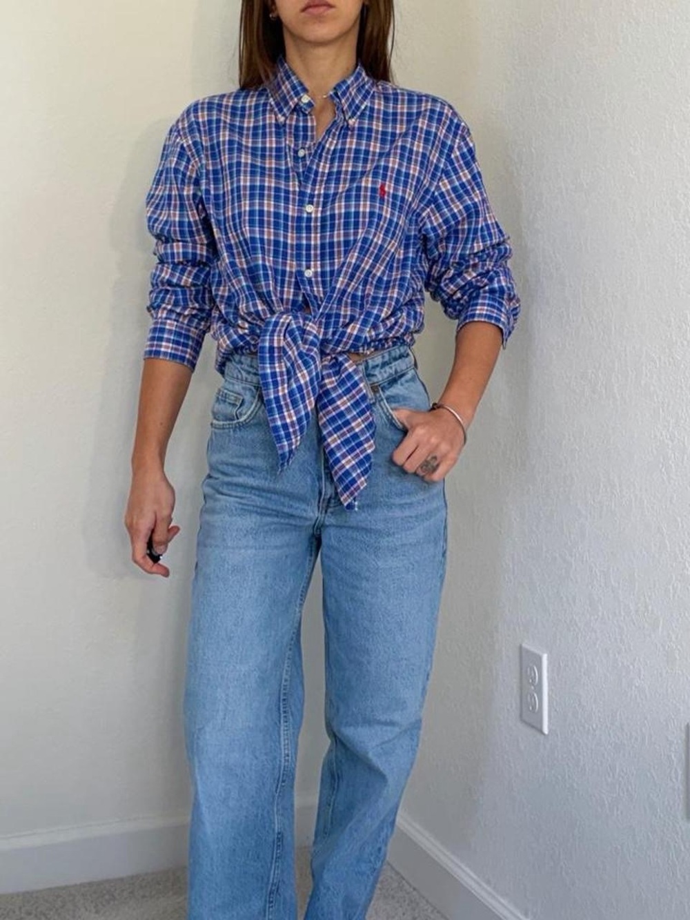 Vintage Ralph Lauren blue and white & red plaid button up shirt